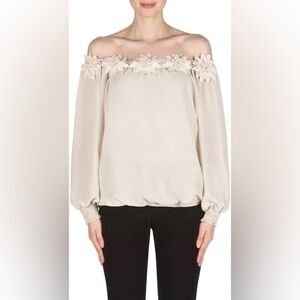 Joseph Ribkoff off shoulder floral champagne blouse size 14 shirt